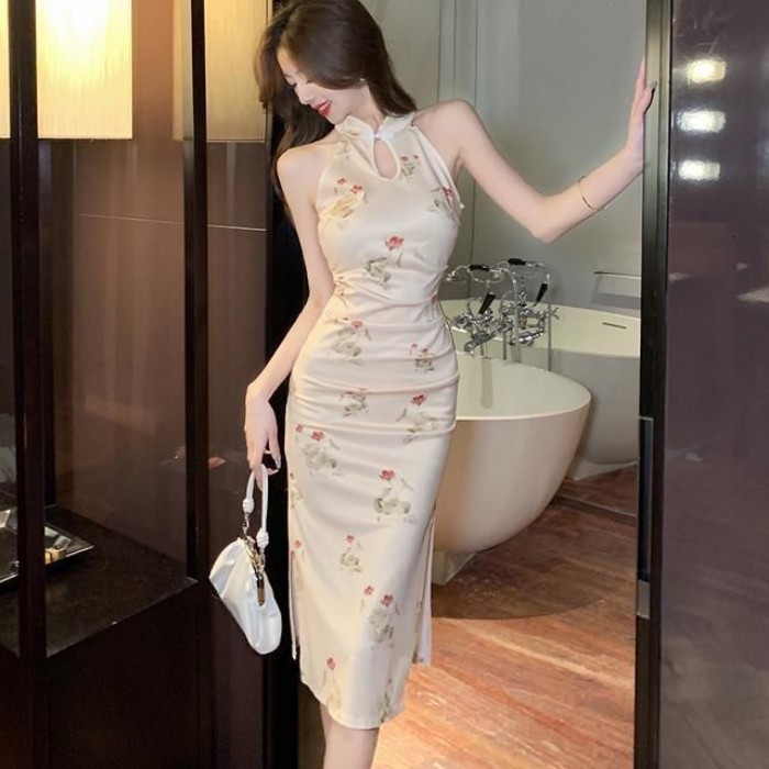 chất nữ tính mùa hè mới, váy sườn xám dài vừa vặn in họa tiết cổ điển trưởng thành và bó sát