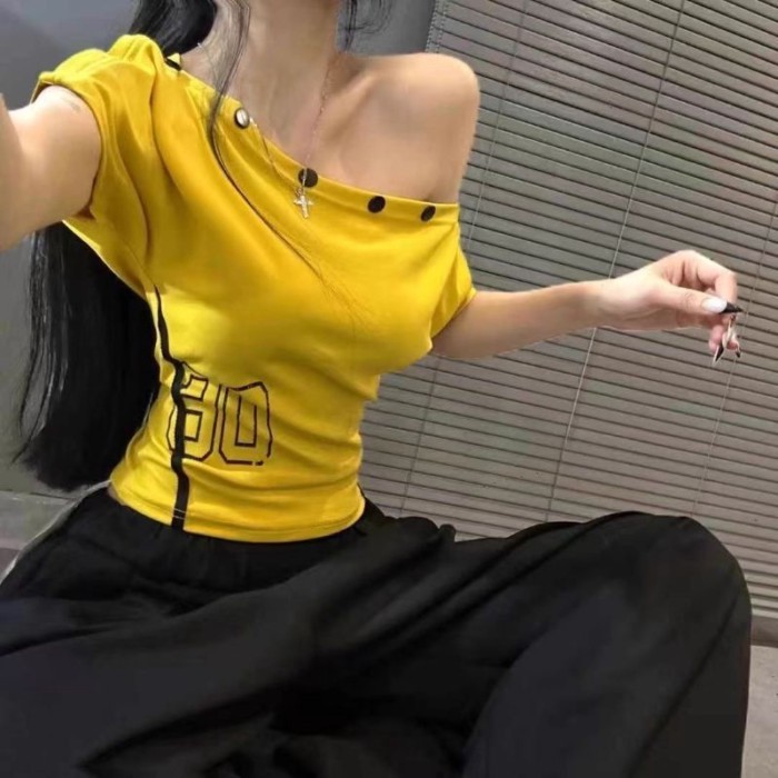 Áo trễ vai phong cách hot girl dành cho nữ mùa hè mới Áo thun ngắn tay lệch vai cao cấp ôm mộ