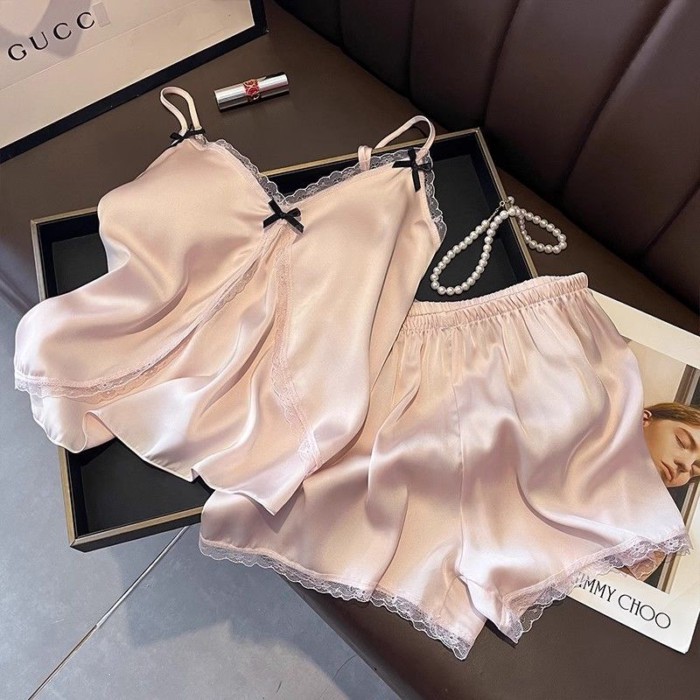 Bộ đồ ngủ hai mảnh có dây đeo, đệm ngực ruy băng băng, bộ đồ mặc nhà mỏng nhẹ sang trọng phon