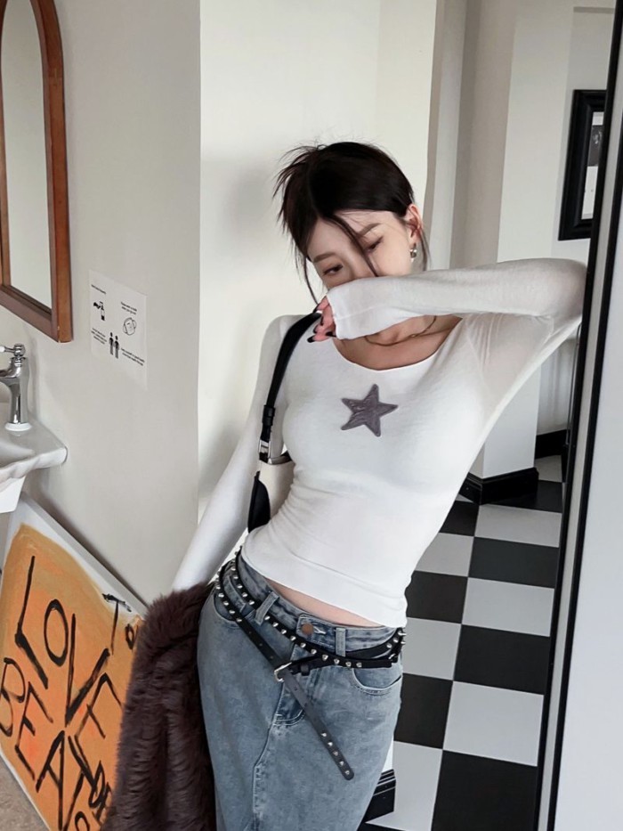 áo thun nữ mùa xuân thu mới phiên bản Hàn Quốc Pure Desire Star mặc bên trong ngắn hot girl áo đ