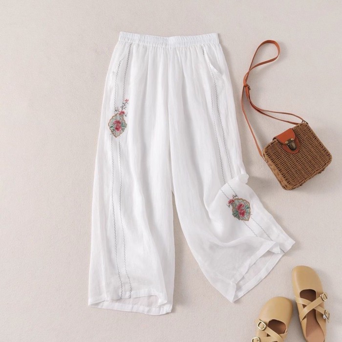 Quần ống rộng cotton và vải lanh thêu, quần ống rộng giảm béo thông thường mỏng mùa hè