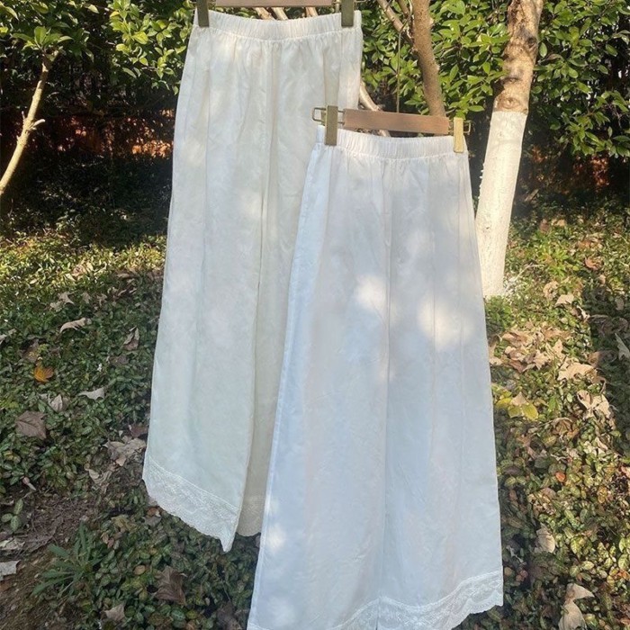Quần cotton và lanh, quần âu nghệ thuật gia đình phong cách mới, quần ống rộng thêu ren, quần