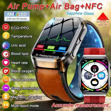 Đồng loại bơm + túi khí đo huyết áp, ECG+PPG, mỡ máu, axit uric, đồng hồ thông minh theo dõi khỏe, chăm sóc sức khỏe