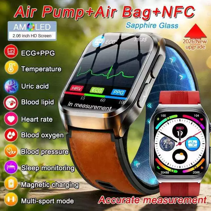 Đồng loại bơm + túi khí đo huyết áp, ECG+PPG, mỡ máu, axit uric, đồng hồ thông minh theo dõi khỏe, chăm sóc sức khỏe