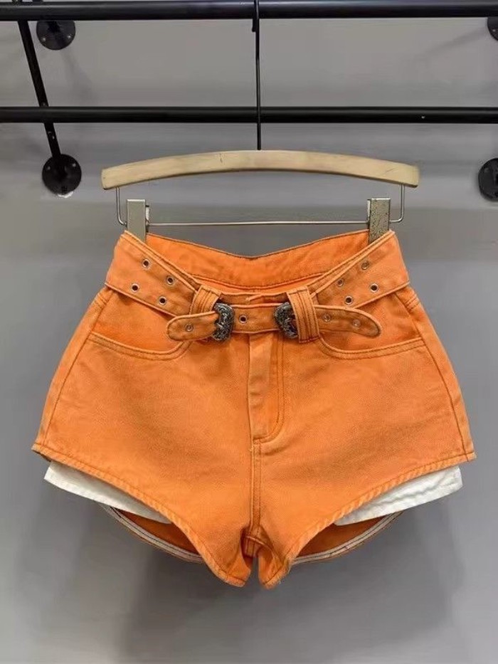 Quần short denim dài chân màu cam hottie phong cách mới, lưng cao, đa năng, túi hở, quần chữ