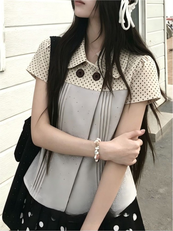 Áo sơ mi ngắn tay chấm bi nối mỏng và đa năng phong cách Hàn Quốc phối màu tương phản, áo kiể