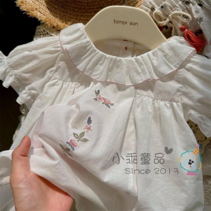 Nhẹ dễ mặc Áo mùa hè bé gái phong cách Hàn Quốc Áo thun babydoll tay phồng ngắn tay thêu ve á
