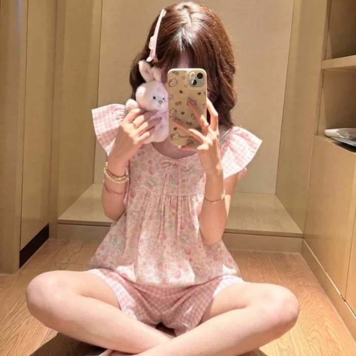 Bộ Đồ Ngủ Nữ Tay Feifei Dễ Thương Cho Nữ Mùa Hè Mỏng Và Ngọt Ngào Nữ Tính Feifei Tay Quần Short Kẻ