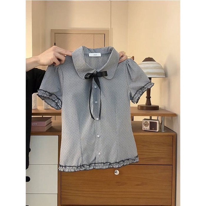 Thiết Kế Chấm Bi Búp Bê Cổ Tay Phồng Áo Sơ Mi Tay Ngắn Dành Cho Nữ Nấm Ren Viền Giảm Béo
