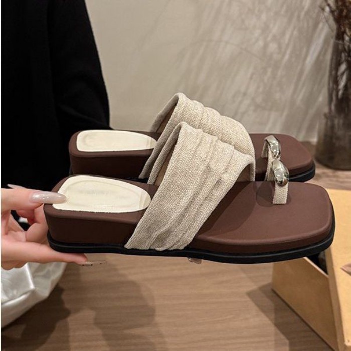 Dép xỏ ngón hở mũi đẹp phong cách retro vải lanh đế dày đi biển cho nữ mặc mùa hè