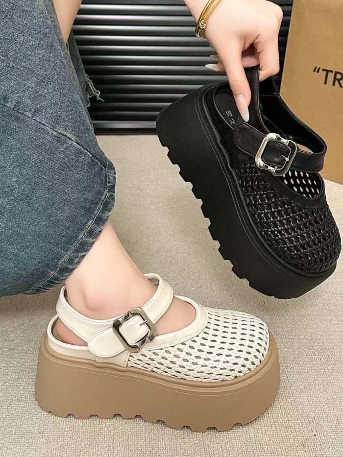 Dép xỏ ngón mùa hè dành cho nữ, đế dày, cao 6cm, váy, giày La Mã dệt rỗng thông thường