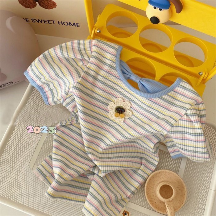 Áo Thun Bé Gái Mùa Hè Ngắn Tay Trẻ Em Top Nữ Mới Cotton Niche Phong Cách Phương Tây Sọc Hoa Nử