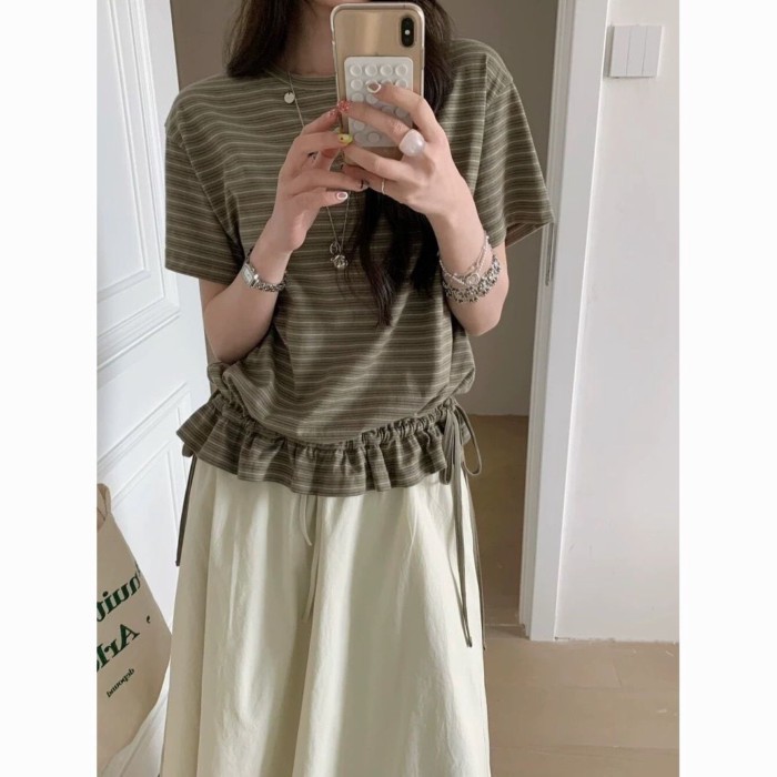 Lan ~ Phong cách mới mùa hè Siêu đẹp!!!Tất cả các trận đấu Áo thun thiết kế dây rút eo hẹp