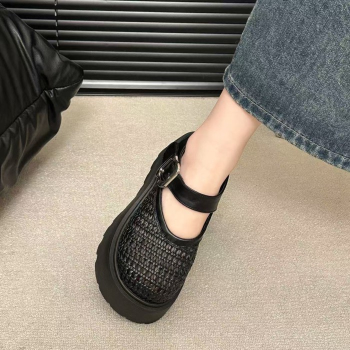 Dép xỏ ngón mùa hè dành cho nữ, đế dày, cao 6cm, váy, giày La Mã dệt rỗng thông thường