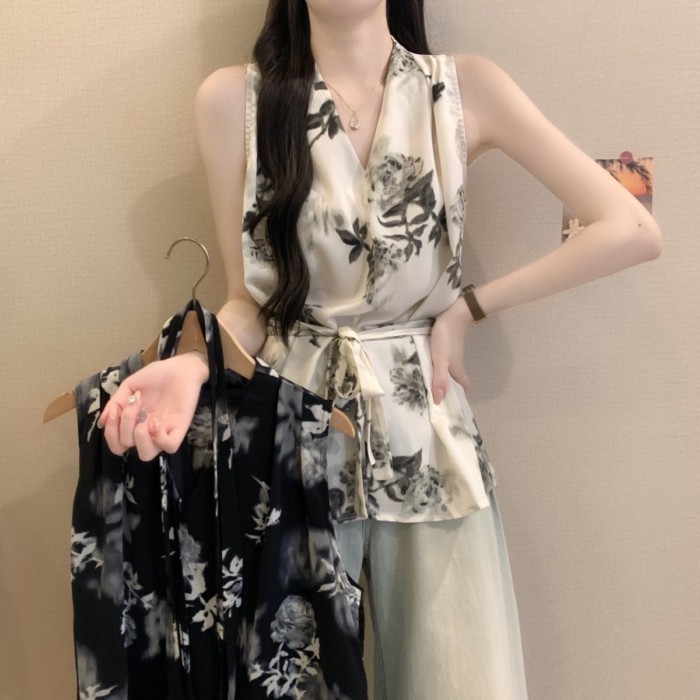 Lan ~ Áo Sơ Mi Cổ Chữ V Không Tay Cổ Chữ V Áo Sơ Mi Nữ Mặc Ngoài Mùa Hè Plus Kích Thước Béo mm Mỏng Hơn Nhìn Phối Ren-Waist Retro Mực Tranh Top