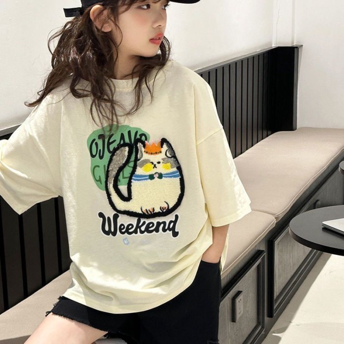 quần áo trẻ em Áo thun ngắn tay bé gái áo mới cỡ vừa và lớn cho trẻ em phong cách mùa hè rộng rã