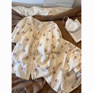 Ren Ngọt Ngào Cổ Tròn Nhật Bản Bộ Đồ Ngủ Nữ Sinh Viên Mùa Hè Anh Đào Chấm Bi Nữ Tay Ngắn Quần