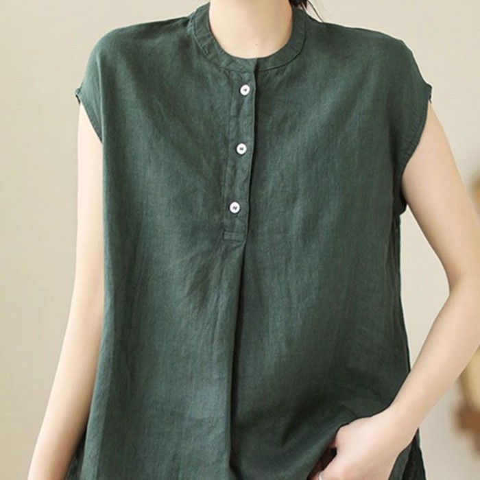 Áo thun cotton và lanh không tay mùa hè dành cho nữ cỡ lớn vải lanh nữ mặc mùa hè rộng rãi