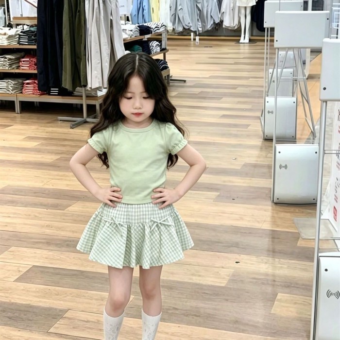 cô gái phong cách Hàn Quốc phong cách mùa hè mới màu xanh lá cây tươi mát áo ngắn tay kẻ sọc váy