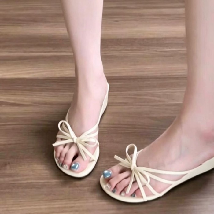Dép xỏ ngón đế nêm thắt nơ phong cách cổ tích dành cho nữ mặc ngoài mùa hè Dép xăng đan hở mũ