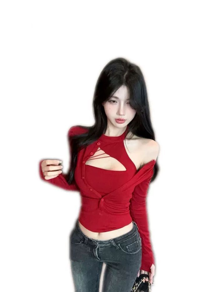 Áo thun dài tay giả hai mảnh màu đỏ nữ rỗng Slim Fit Halterneck Top ngắn màu đen