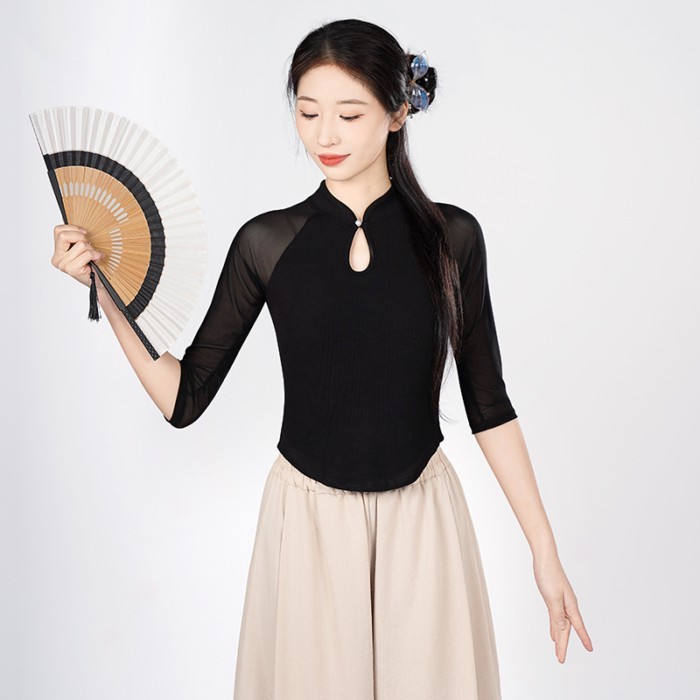 Khiêu vũ mặc áo nữ hiện đại của quần áo luyện tập khiêu vũ màu đen cổ đứng dài tay khiêu vũ cổ điển