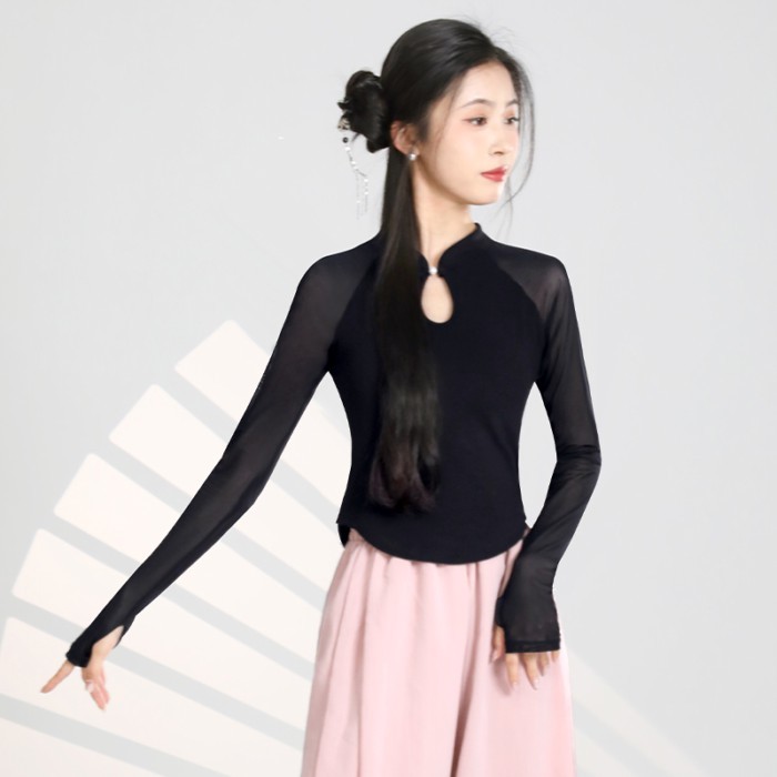 Khiêu vũ mặc áo nữ hiện đại của quần áo luyện tập khiêu vũ màu đen cổ đứng dài tay khiêu vũ cổ điển