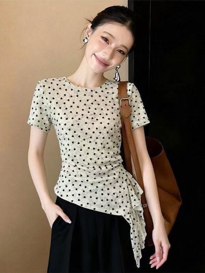 Áo thun lưới ngắn tay in hình tình yêu bất thường dành cho nữ mùa hè thời trang mới dáng ôm v