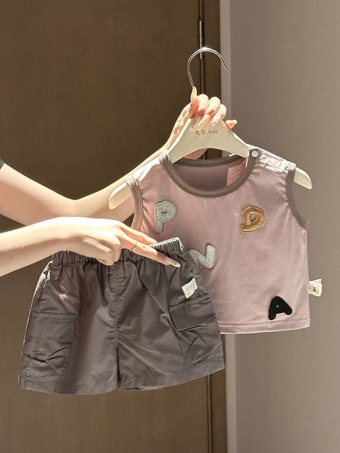 Bộ đồ bé trai bé gái phong cách Hàn Quốc, bé trai thoải mái set áo thun vest mỏng 1 quần short c