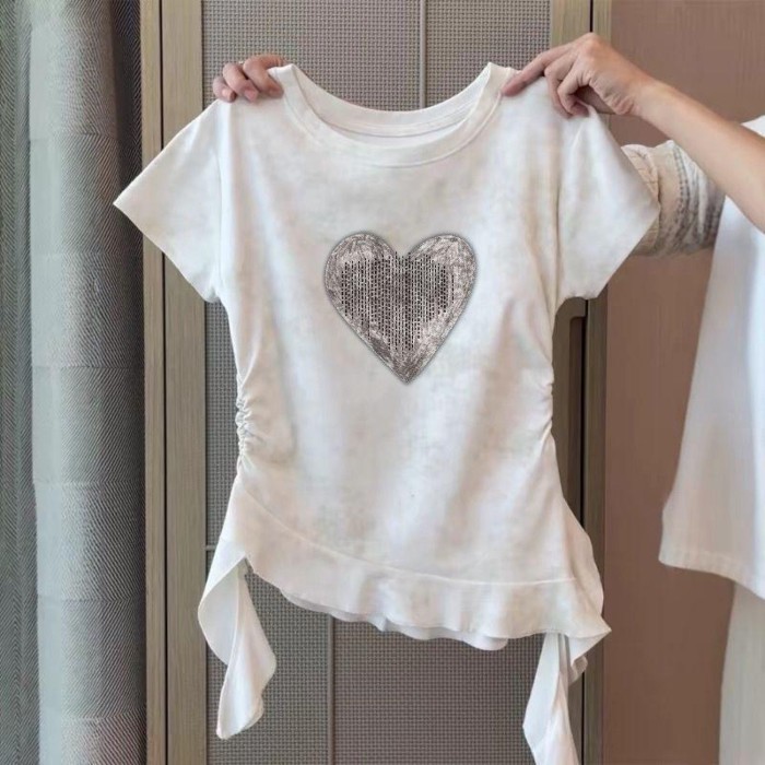 Áo thun ngắn tay in họa tiết diềm xếp nếp không đều dành cho trẻ em tuổi áo trắng mùa hè mới dàn