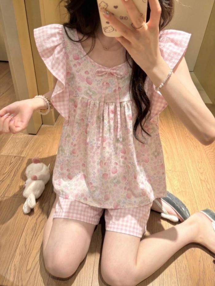 Bộ Đồ Ngủ Nữ Tay Feifei Dễ Thương Cho Nữ Mùa Hè Mỏng Và Ngọt Ngào Nữ Tính Feifei Tay Quần Short Kẻ