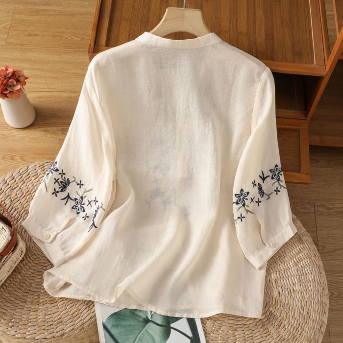 Văn Học Tay Phồng Thêu Áo Sơ Mi Cotton Và Vải Lanh Nữ Mùa Hè Dáng Rộng Giày Lười Cổ Đứng Giữa Tay Á
