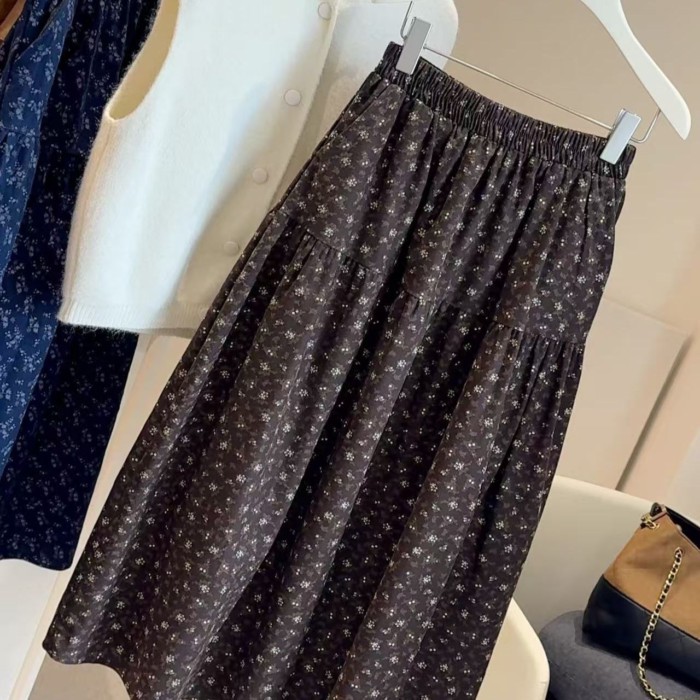 màu cà phê rừng nhẹ nhàng retro văn học váy hoa mùa thu đông mới cotton nguyên chất chải cao eo