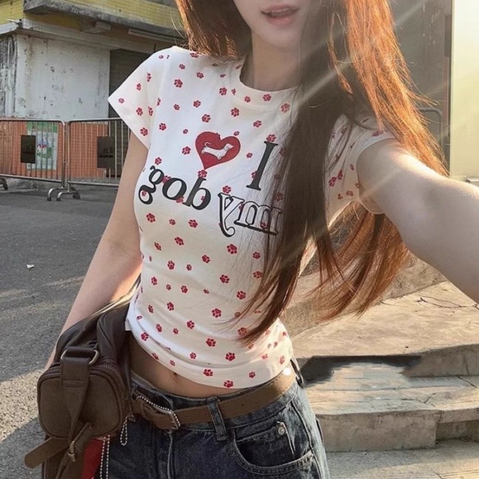 Áo thun ngắn tay in chữ mùa hè mới của hot girl, áo thun ngắn tay in chữ giảm béo, áo đa năng