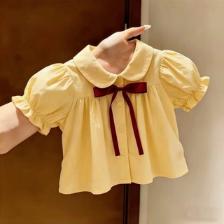 Áo thun cotton nguyên chất mùa hè màu vàng cổ búp bê tay phồng nơ đỏ áo ngắn tay dễ thương cho bé g