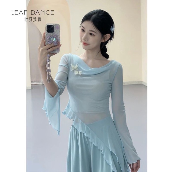 Nữ Thu Đông Khiêu Vũ Cổ Điển Quần Áo Cổ Xoay Cổ Bướm Lưới Dài Tay Trung Quốc Hiện Đại Luyện Tập