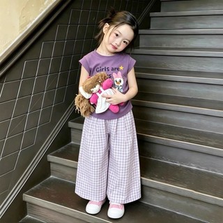 Bộ đồ mùa hè cho bé gái Áo vest hoạt hình phong cách Hàn Quốc Quần kẻ sọc Bộ hai mảnh siêu dễ thươn