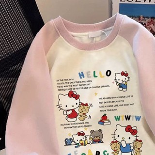 Áo nỉ bé gái vừa và lớn Hello Kitty Loose Velvet dày tay áo Raglan
