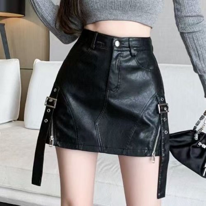 thời trang hot girl PU váy thu đông thiết kế mới váy da dây kéo giảm béo váy ngắn eo cao