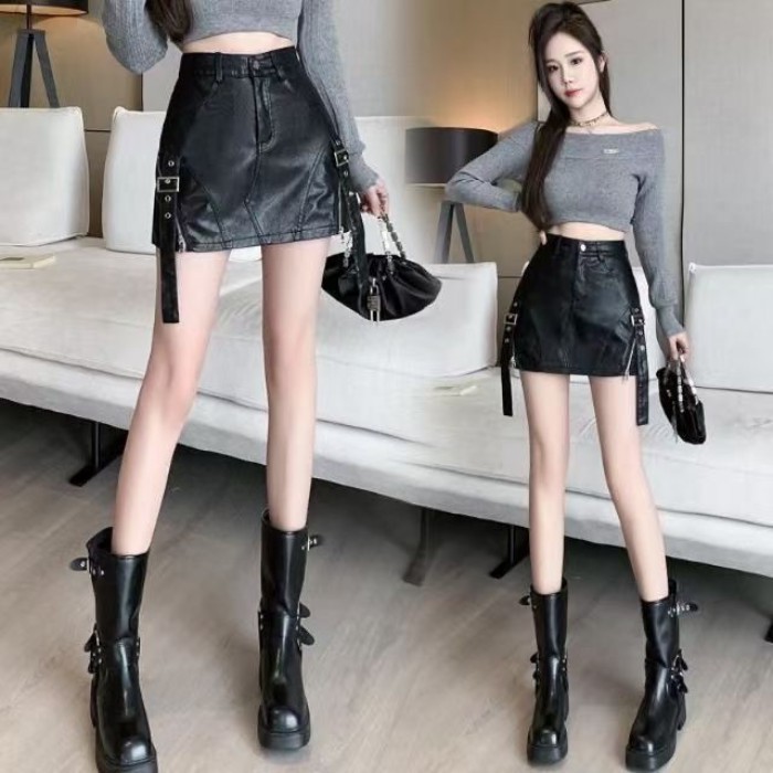thời trang hot girl PU váy thu đông thiết kế mới váy da dây kéo giảm béo váy ngắn eo cao