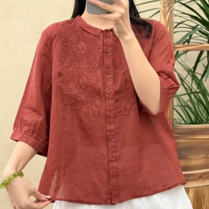 Retro văn học dáng rộng hàng đầu thường ngày cardigan mỏng ba phần tư áo sơ mi tay áo sơ mi nhỏ thê