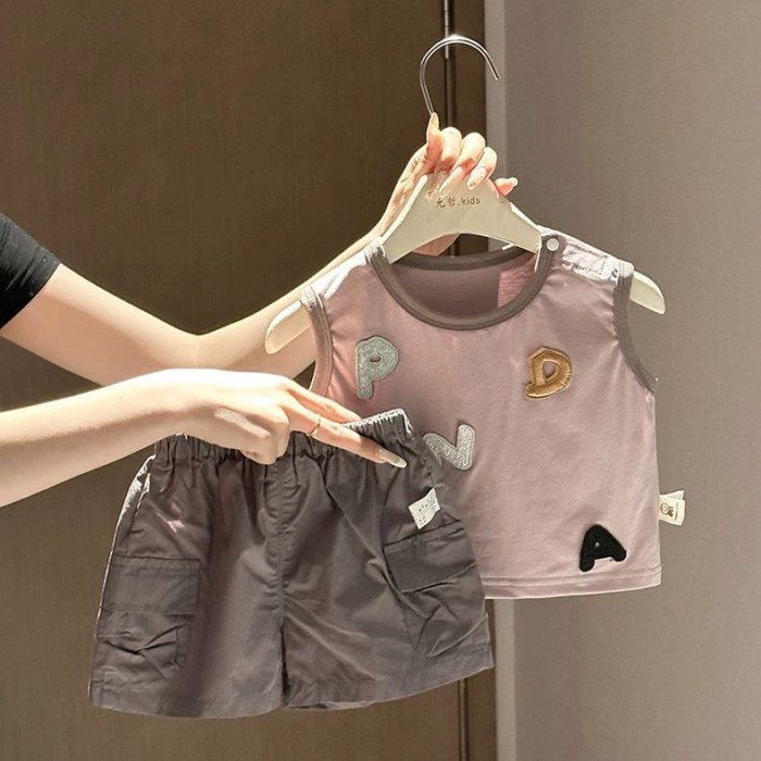 Bộ đồ bé trai bé gái phong cách Hàn Quốc, bé trai thoải mái set áo thun vest mỏng 1 quần short c