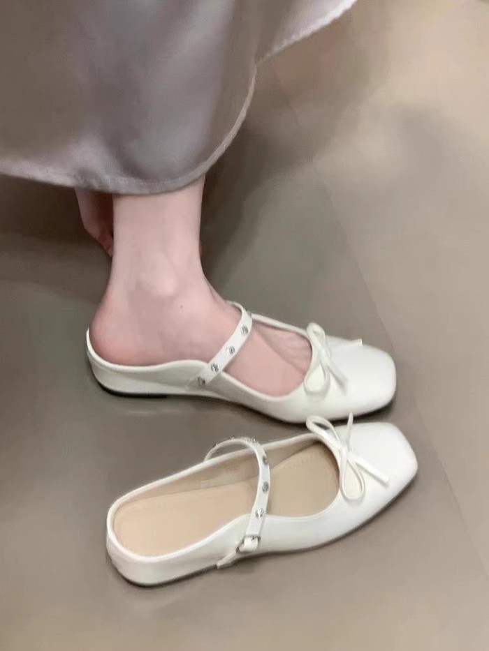 Dép cao nửa mũi nơ màu hồng bên trong dành cho nữ mang bên ngoài Dép sandal miệng nông Mary J