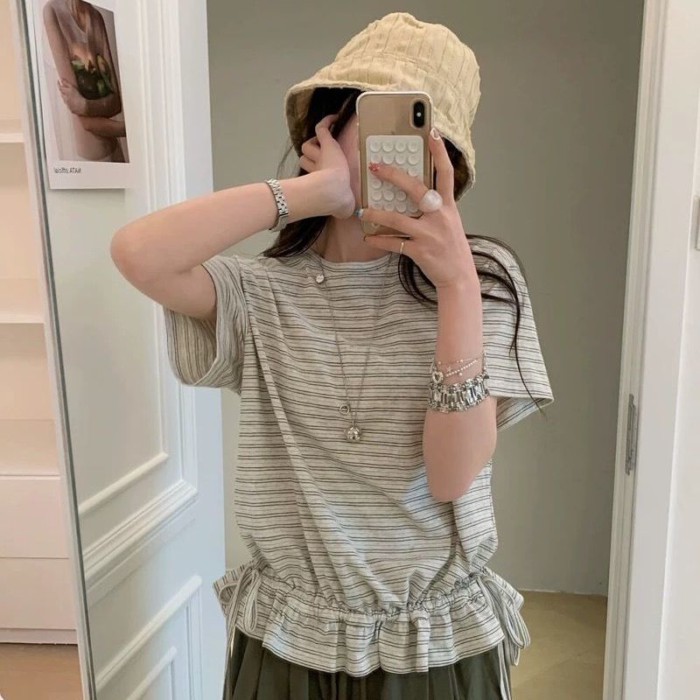 Lan ~ Phong cách mới mùa hè Siêu đẹp!!!Tất cả các trận đấu Áo thun thiết kế dây rút eo hẹp