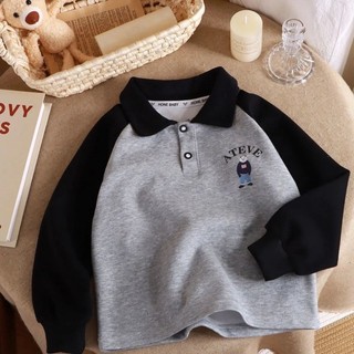 Áo nỉ bé trai Áo sơ mi Polo tay dài bé gái có ve áo raglan trẻ lớn hơn in hoạt hình
