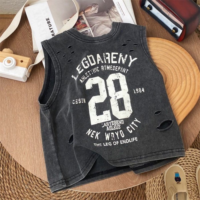 Mùa Hè Đẹp Trai Bé Trai Phong Cách Mới Đau Khổ Đen Nguyên Chất Cotton Không Tay Lỗ Áo Thun Rờ