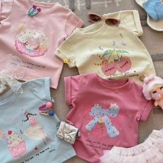 Áo thun cotton ngắn tay in hình mùa hè nguyên chất cho bé gái và trẻ em dễ thương và ngọt ngào