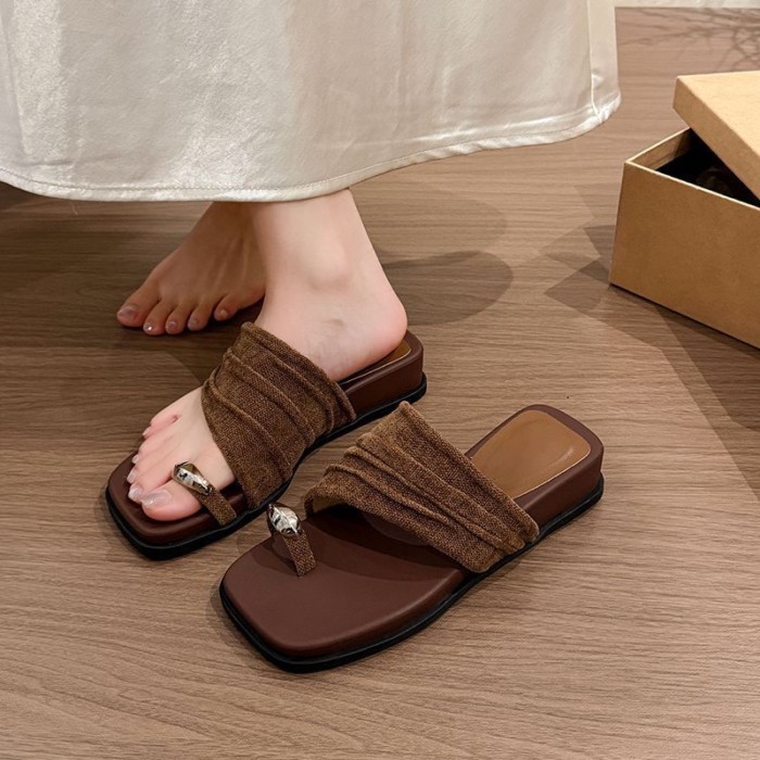 Dép xỏ ngón hở mũi đẹp phong cách retro vải lanh đế dày đi biển cho nữ mặc mùa hè