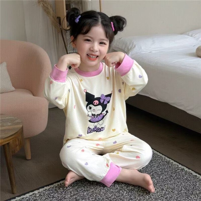 bộ đồ ngủ trẻ em xuân thu quần áo nhà mới hoạt hình Kurome chấm bi dài tay bộ đồ