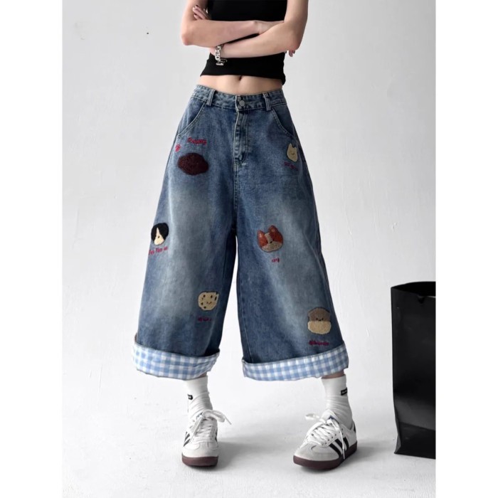 Phong Cách Mỹ Rửa Sạch Đau Khổ Cún Con Thêu Quần Short Denim Nữ Mùa Hè Dòng Chảy Retro Rời Ống R